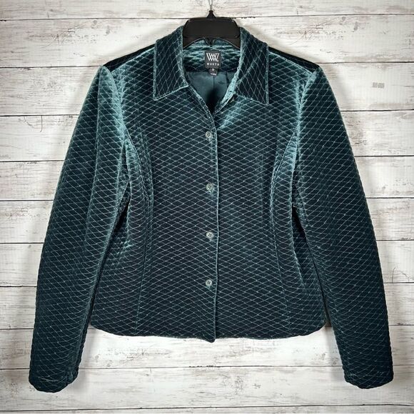 Worth Velvet Holiday Green Quilted Diamond Lined Jacket Blazer 10 - Picture 2 of 8
